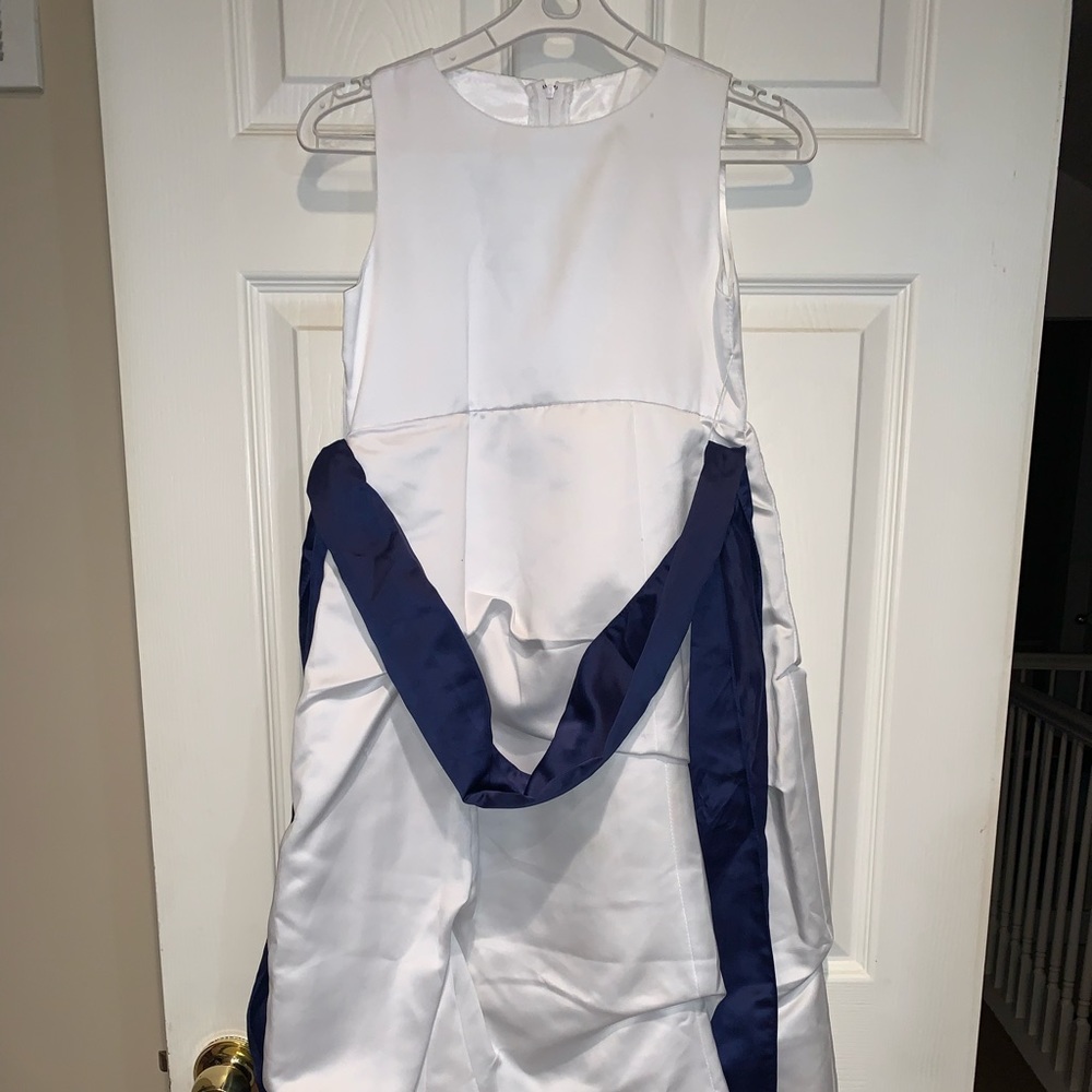 WHITE & NAVY BELT FLOWER GIRL DRESS LONG